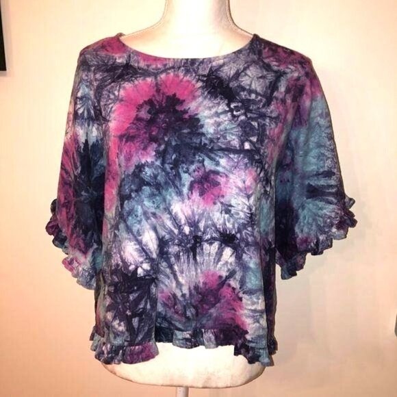 C&C California Tie Dye Top Large Womens Blue Pink Linen Blend Dolman Sleeves - Picture 7 of 8